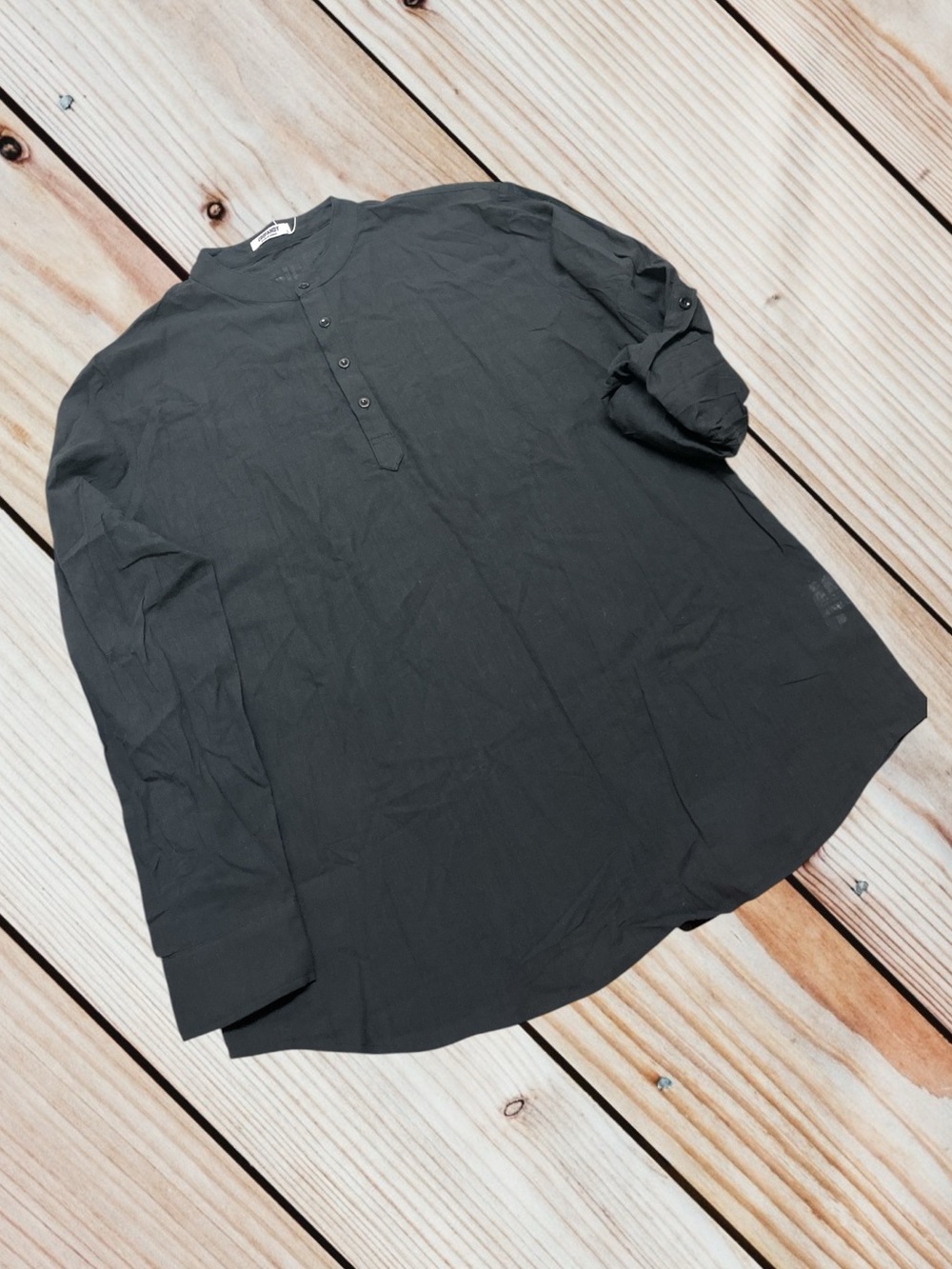 NWT Coofandy L black 95% cotton 5% linen 4 button henley
